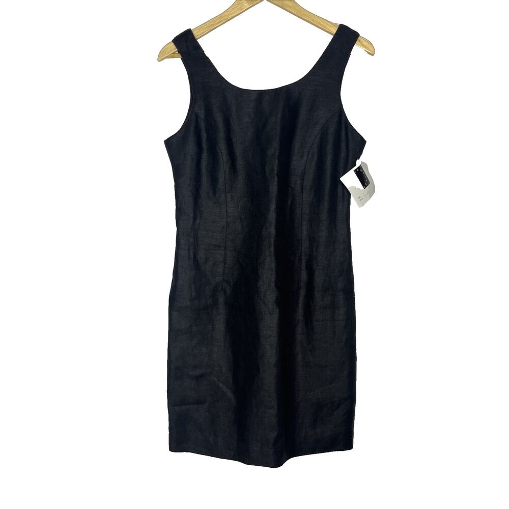 Jennifer Moore Linen Sheath Dress 6 Black Sleeveless Scoop Neck Lined Classic